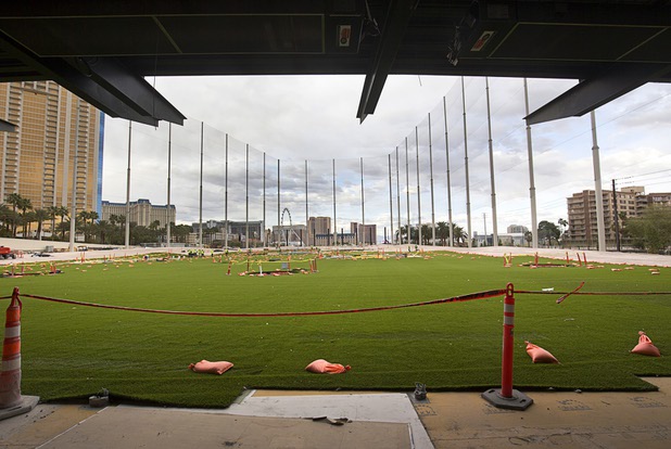 A ground-level view of Topgolf Las Vegas is shown during a tour Monday, March 7, 2016. Topgolf is under construction at Koval Lane and Harmon Avenue. Topgolf will feature 108 hitting bays. The 105,00-square-foot entertainment venue will be Topgolf’s flagship location and is expected to open in May.