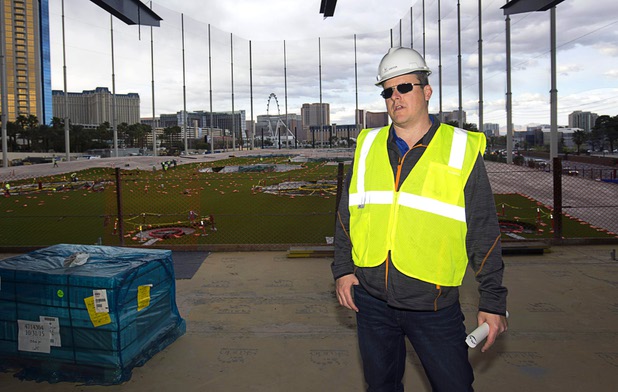 Johnny McMahon, director of operations, speaks to media during a tour of Topgolf Las Vegas under construction at Koval Lane and Harmon Avenue on Monday, March 7, 2016. The 105,00-square-foot entertainment venue will be Topgolf’s flagship location and is expected to open in May.