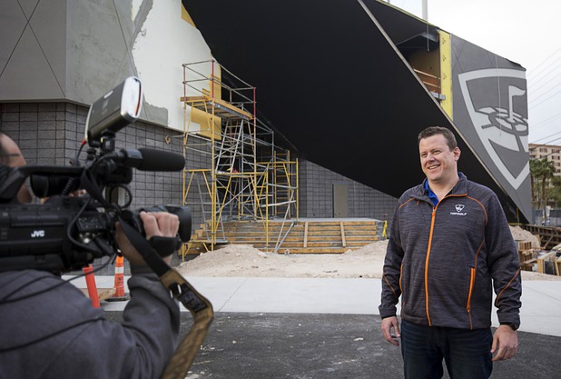 Johnny McMahon gives a TV interview after a tour of Topgolf Las Vegas under construction at Koval Lane and Harmon Avenue on Monday, March 7, 2016. The 105,00-square-foot entertainment venue will be Topgolf’s flagship location and is expected to open in May.