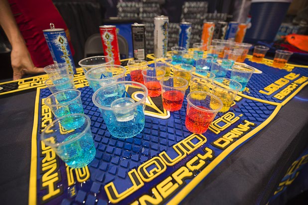 Liquid Ice energy drink samples are displayed during the 2016 Nightclub & Bar convention at the Las Vegas Convention Center Tuesday, March 8, 2016.