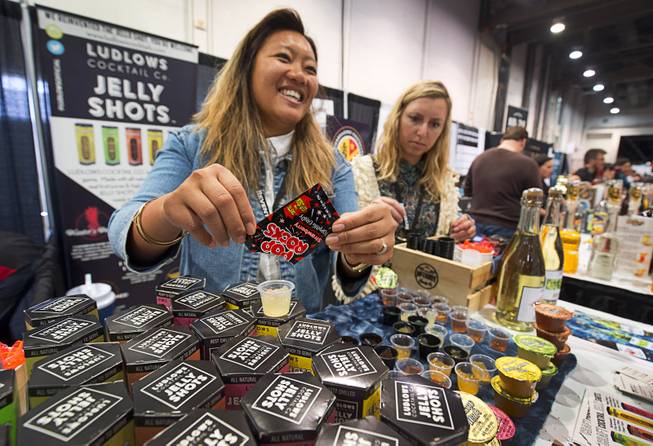 Freya Estreller, founder/CEO of Ludlow's Coctail Co., prepares a jello shot with Pop Rocks during the 2016 Nightclub & Bar convention at the Las Vegas Convention Center Tuesday, March 8, 2016.