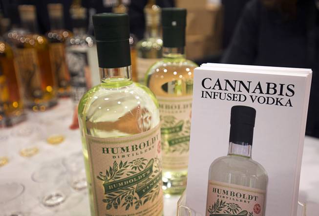 Cannabis infused vodka from Humbolt Distillery is displayed during the 2016 Nightclub & Bar convention at the Las Vegas Convention Center Tuesday, March 8, 2016. The vodka is legal because the infusion comes from hemp and the vodka contains no THC, a representative said.