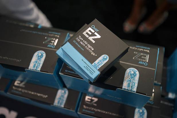 The Over EZ anti-hangover supplement is displayed during the 2016 Nightclub & Bar convention at the Las Vegas Convention Center Tuesday, March 8, 2016.