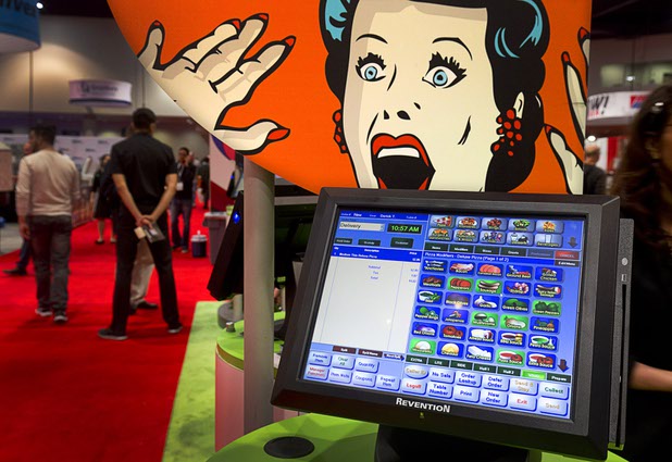 A Revention point of sale (POS) system customized for pizza shops is displayed during the 2016 International Pizza Expo at the Las Vegas Convention Center Tuesday, March 8, 2016.