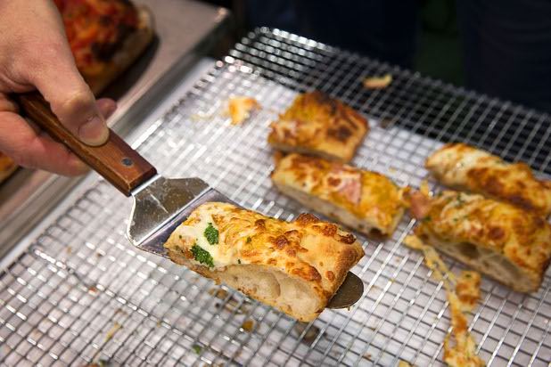 A pumpkin pizza is shown at the Polselli booth during the 2016 International Pizza Expo at the Las Vegas Convention Center Tuesday, March 8, 2016.