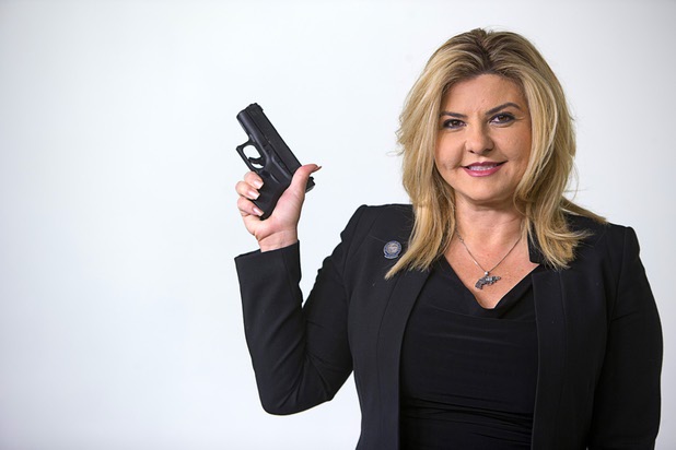 Assemblywoman Michele Fiore (District 4-Las Vegas) poses with her Glock G43 in the Las Vegas Sun studio before an interview Wednesday, Feb. 24, 2016.