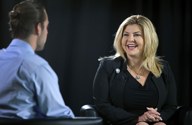 Assemblywoman Michele Fiore (District 4-Las Vegas) is interviewed by reporter Chris Kudialis in the Las Vegas Sun studio Wednesday, Feb. 24, 2016.