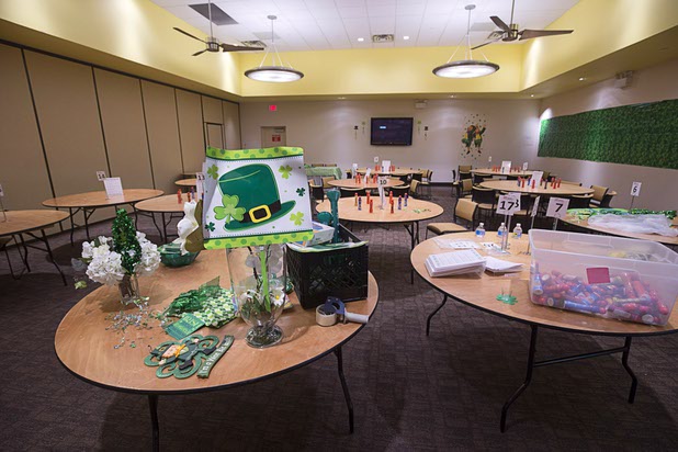 A meeting room is ready for a St. Patrick's-themed bingo night at Three Squares north campus, 4220 N. Pecos Rd., Wednesday, March 16, 2016. In addition to catering, Three Square also makes money by renting out the facilities for various functions.