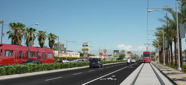 A proposal to build an urban light rail or bus rapid transit system on Maryland Parkway between McCarran International Airport and downtown Las Vegas is moving forward. This image from the Regional Transportation Commission shows a version of the proposal that involves running light rail lines down both sides of the street.