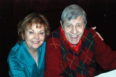 Jerry Lewis and his wife, Sam, shown during his 90th-birthday surprise party at Piero’s on Wednesday, March 16, 2016.