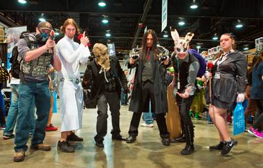 A group of costumed friends gather during Wizard World Comic Con Las Vegas at the Las Vegas Convention Center on Saturday, March 19, 2016.