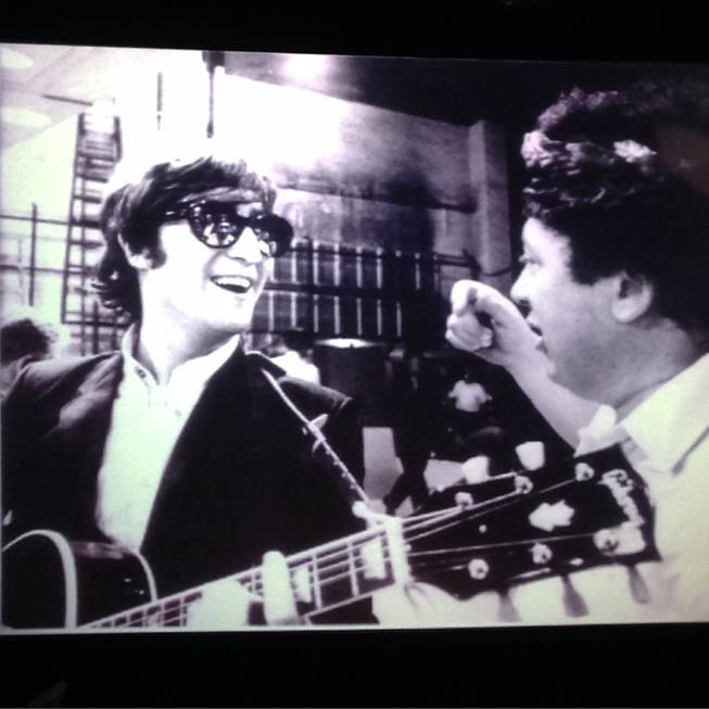 Marty Allen, right, is shown goofing off with John Lennon before “The Ed Sullivan Show” in February 1964.