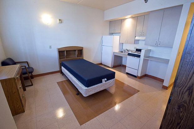 A vacant apartment is shown at the St. Vincent Apartments at Catholic Charities of Southern Nevada Tuesday, March 29, 2016. (Most units have a bed frame with drawers under the bed for extra storage.) The apartments provide 120 units of transitional housing for men and women.