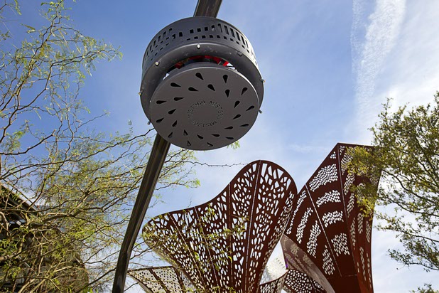 Misters will keep visitors cooler in the hot summer months at The Park, photographed Monday, April 4, 2016. The new pocket park, lined with restaurants and seating for outdoor dining, runs from the Las Vegas Strip to the new T-Mobile Arena.