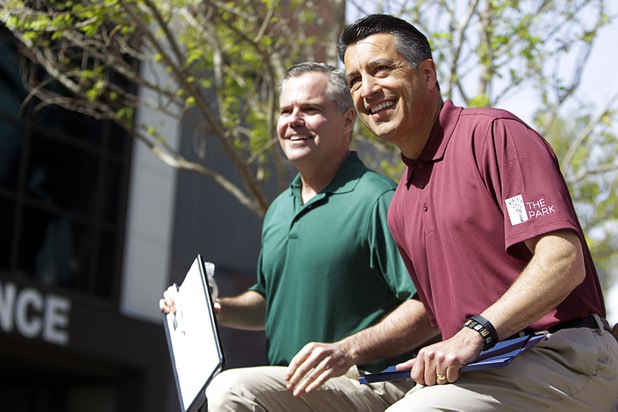 MGM Resorts International Chairman and CEO Jim Murren and Gov. Brian Sandoval arrive Monday, April 4, 2016, for the grand opening of The Park. The new pocket park, lined with restaurants and seating for outdoor dining, runs from the Las Vegas Strip to the new T-Mobile Arena.
