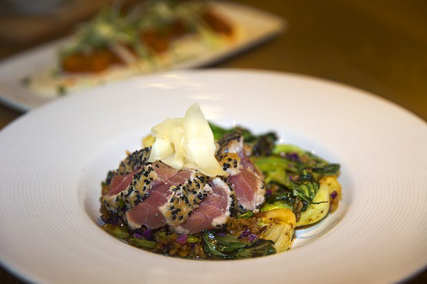 Sesame-seared Ahi tuna is displayed at the California Pizza Kitchen during the grand opening of The Park Monday, April 4, 2016. The new pocket park, lined with restaurants and seating for outdoor dining, runs from the Las Vegas Strip to the new T-Mobile Arena.