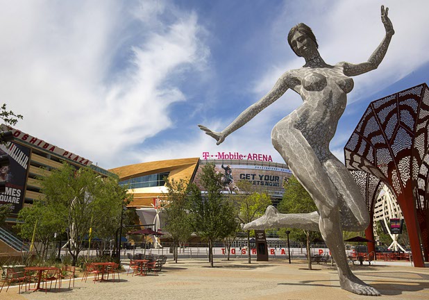 Bliss Dance, a sculpture of a dancing woman created by artist Marco Cochrane, is shown during the grand opening of The Park Monday, April 4, 2016. The new pocket park, lined with restaurants and seating for outdoor dining, runs from the Las Vegas Strip to the new T-Mobile Arena.