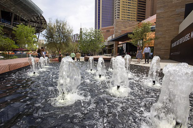 A water feature is shown during the grand opening of The Park Monday, April 4, 2016. The new pocket park, lined with restaurants and seating for outdoor dining, runs from the Las Vegas Strip to the new T-Mobile Arena.