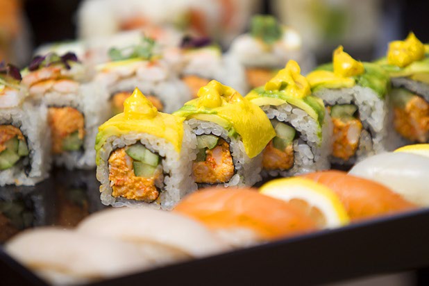 Sushi rolls from Sake Rok are displayed during the grand opening of The Park Monday, April 4, 2016. The new pocket park, lined with restaurants and seating for outdoor dining, runs from the Las Vegas Strip to the new T-Mobile Arena.