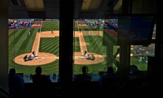 The press box at Cashman Stadium offers an interesting view during the Big League Weekend baseball game with the Chicago Cubs and New York Mets there on Friday, April 1, 2016.