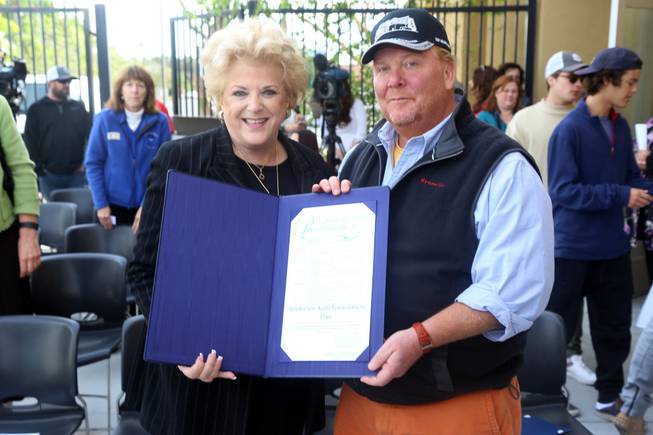 The Books for Kids/Mario Batali Foundation Library opens Tuesday, March 29, 2016, at Acelero Spring Valley Learning Center. Batali is pictured here with Mayor Carolyn Goodman.