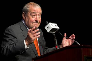 Top Rank CEO Bob Arum speaks during a final news conference for Manny Pacquiao of the Philippines and Timothy Bradley Jr. on Wednesday, April 6, 2016, at MGM Grand.