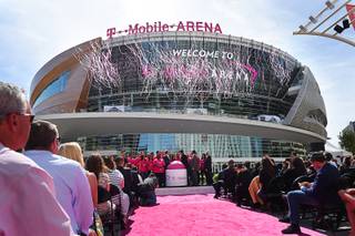 Confetti is shot skyward during the grand opening of MGM Resorts  International's T-Mobile Arena Wednesday, April 6, 2016.