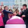 MGM Resorts International Chairman and CEO Jim Murren and T-Mobile CMO Andrew Sherrard shake hands Wednesday, April 6, 2016, during the grand opening of MGM Resorts International's T-Mobile Arena.