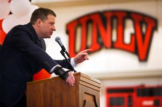 New UNLV basketball coach Chris Beard discusses his coaching philosophy during a welcome gathering by supporters Friday, April 8, 2016, at Mendenhall Center.