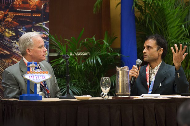 Gregory Mullen, left, chief of police in Charleston, S.C., listens to Pranil Upadhayaya, a tourism management advisor from Nepal, during the 23rd International Tourism Safety Conference at the Golden Nugget in downtown Las Vegas Tuesday, April 12, 2016.  Mullen and Upadhayaya spoke during a panel discussion on crisis management during shootings and earthquakes.
