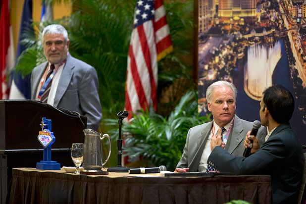 Gregory Mullen, center, chief of police in Charleston, S.C., listens to Pranil Upadhayaya, a tourism management advisor from Nepal, during the 23rd International Tourism Safety Conference at the Golden Nugget in downtown Las Vegas Tuesday, April 12, 2016.  Conference organizer Peter Tarlow looks on at left. Mullen and Upadhayaya spoke during a panel discussion on crisis management during shootings and earthquakes.