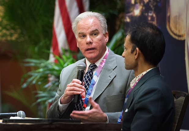 Gregory Mullen, left, chief of police in Charleston, S.C., responds to  question from Pranil Upadhayaya, a tourism management advisor from Nepal, during the 23rd International Tourism Safety Conference at the Golden Nugget in downtown Las Vegas Tuesday, April 12, 2016.  Mullen and Upadhayaya spoke during a panel discussion on crisis management during shootings and earthquakes.