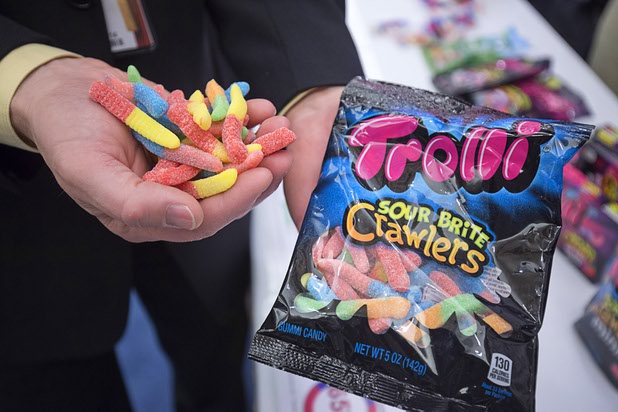 Trolli Sour Brite Crawlers are displayed during the CinemaCon trade show at Caesars Palace Tuesday, April 12, 2016. The Chicago-based Ferrara Candy Company is trying to make inroads into the movie theater concession stands, a representative said.