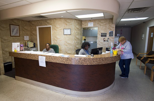 A reception area for the work program, administration and community outreach is shown at HELP of Southern Nevada Thursday, April 14, 2016.