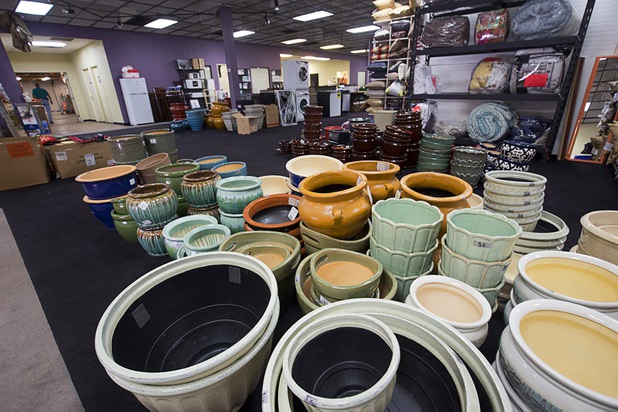 Donated plant pots from the Home Depot Foundation are shown in the Framing Hope Warehouse at HELP of Southern Nevada Thursday, April 14, 2016. Bed Bath & Beyond is another corporate partner. Donated materials are sold to other local nonprofits. The warehouse is not open to the public.