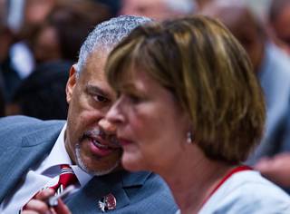 New UNLV basketball coach Marvin Menzies with Director of Athletics Tina Kunzer-Murphy appears before the  Nevada Board of Regents to get his contract approved on Friday, April 22, 2016.