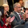 New UNLV basketball coach Marvin Menzies and his wife, Tammy, applaud Friday, April 22, 2016, as the Nevada Board of Regents approves his contract.