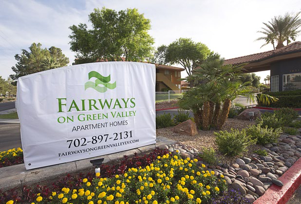 A view of a temporary sign for the Fairways Green Valley Apartment Homes, formerly the Camden Fairways Apartments, 1851 N. Green Valley Parkway, in Henderson April 26, 2016. On Tuesday, the Camden Property Trust announced the sale of 15 properties, a retail center and undeveloped land in the Las Vegas Valley.