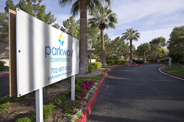 A view of a temporary sign for Parkway Townhomes, formerly Camden Summit Apartments, 2675 Windmill Parkway, on Tuesday, April 26, 2016, in Henderson. On Tuesday, Camden Property Trust announced the sale of 15 properties, a retail center and undeveloped land in the Las Vegas Valley.