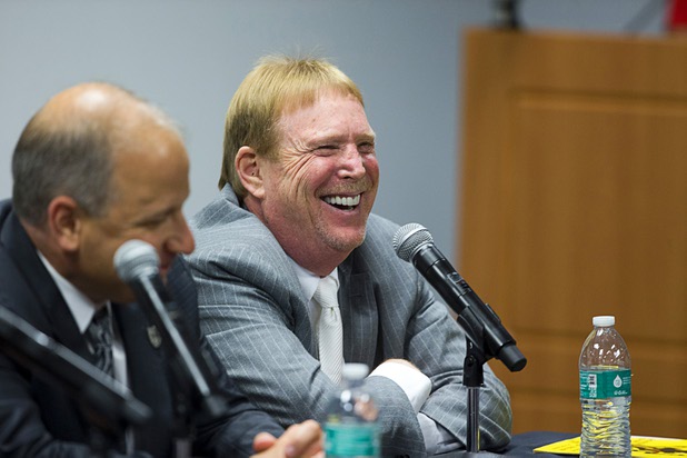 Oakland Raiders owner Mark Davis smiles during a news conference following a meeting of the Southern Nevada Tourism Infrastructure Committee at UNLV Thursday, April 28, 2016.