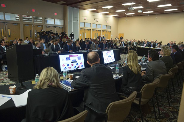 A proposed domed stadium is discussed during a meeting of the Southern Nevada Tourism Infrastructure Committee at UNLV Thursday, April 28, 2016.