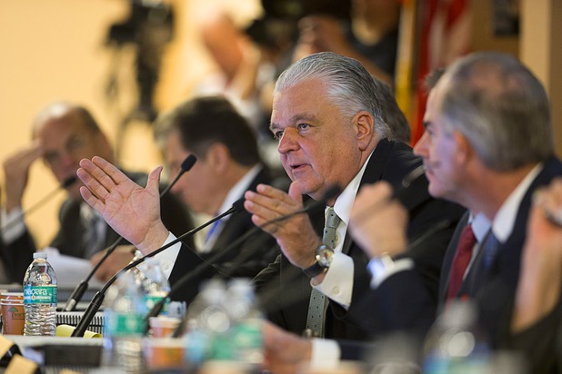 Clark County Commission Chairman Steve Sisolak, a member of the Southern Nevada Tourism Infrastructure Committee, asks a question regarding financing of a proposed domed stadium during a committee meeting at UNLV Thursday, April 28, 2016.
