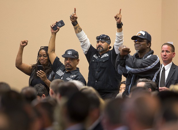 Local Raiders fans attend a meeting of the Southern Nevada Tourism Infrastructure Committee at UNLV Thursday, April 28, 2016.