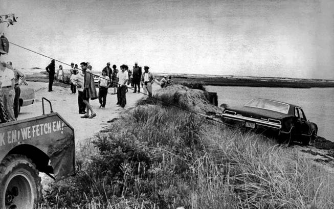 This July 19, 1969, file photo shows U.S. Sen. Edward Kennedy’s car being pulled from the water next to Dike Bridge on Chappaquiddick Island in Edgartown, Mass., on Martha’s Vineyard. A new feature film is in the works about the tragedy on the small Massachusetts island nearly a half century ago that rocked the Kennedy political dynasty. Kennedy’s passenger, 28-year-old Mary Jo Kopechne, was trapped in the car after it went off the bridge and died. 