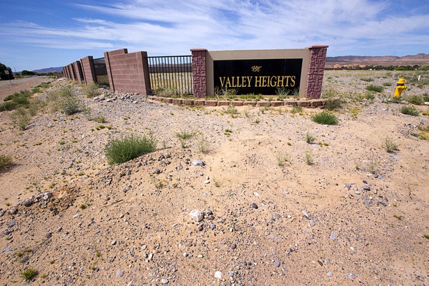 A monument sign is shown at an entrance to the Valley Heights by Elation Homes subdivision Wednesday, May 4, 2016, in Moapa Valley.