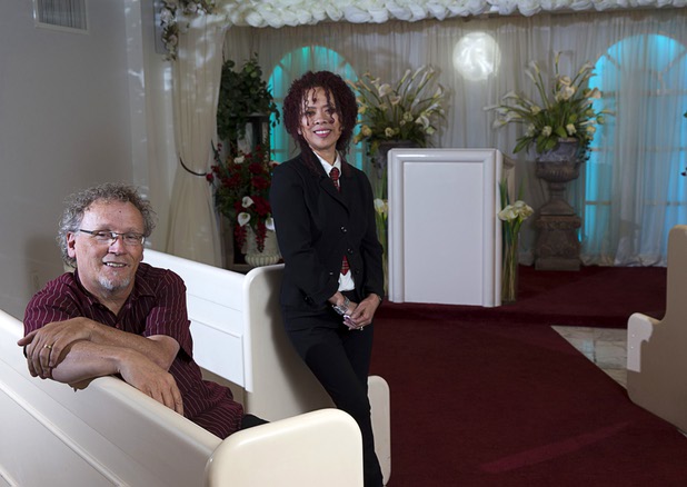 Greg and Marina Welch in Plaza Royale Wedding Chapel on Sunday, May 8, 2016, at the Plaza in downtown Las Vegas. Owners of the former Riviera wedding chapel, the couple relocated the business to the Plaza after the Riviera shut down last year.