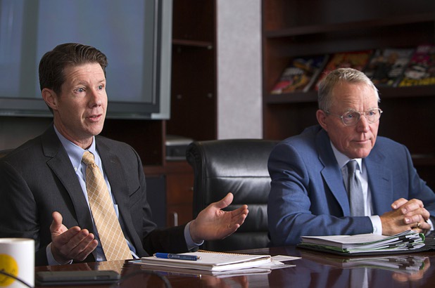 Shawn Elicegui, left, senior vice president of regulatory and strategic planning for NV Energy, is shown during an editorial board meeting at the Las Vegas Sun Tuesday, May 10, 2016. Paul Caudill, president and CEO of NV Energy, listens at right.