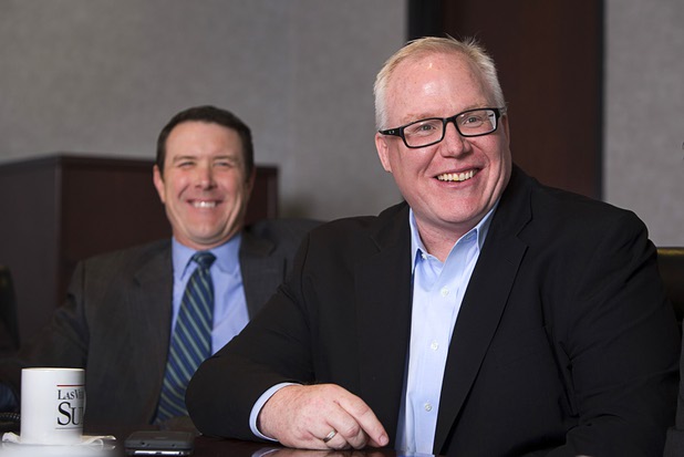 Kevin Geraghty, right, vice president of energy supply for NV Energy, is shown during an editorial board meeting at the Las Vegas Sun Tuesday, May 10, 2016. At left is Patrick Egan, senior vice president of customer operations.