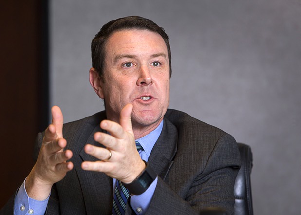 Patrick Egan, senior vice president of customer operations, is shown during an editorial board meeting at the Las Vegas Sun Tuesday, May 10, 2016.