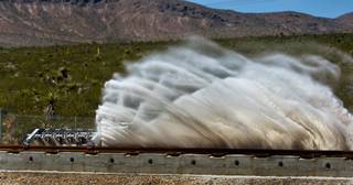 A Hyperloop One sled test has a successful run and is slowed by sand in the end at their facility in North Las Vegas on Wednesday, May 11, 2016.